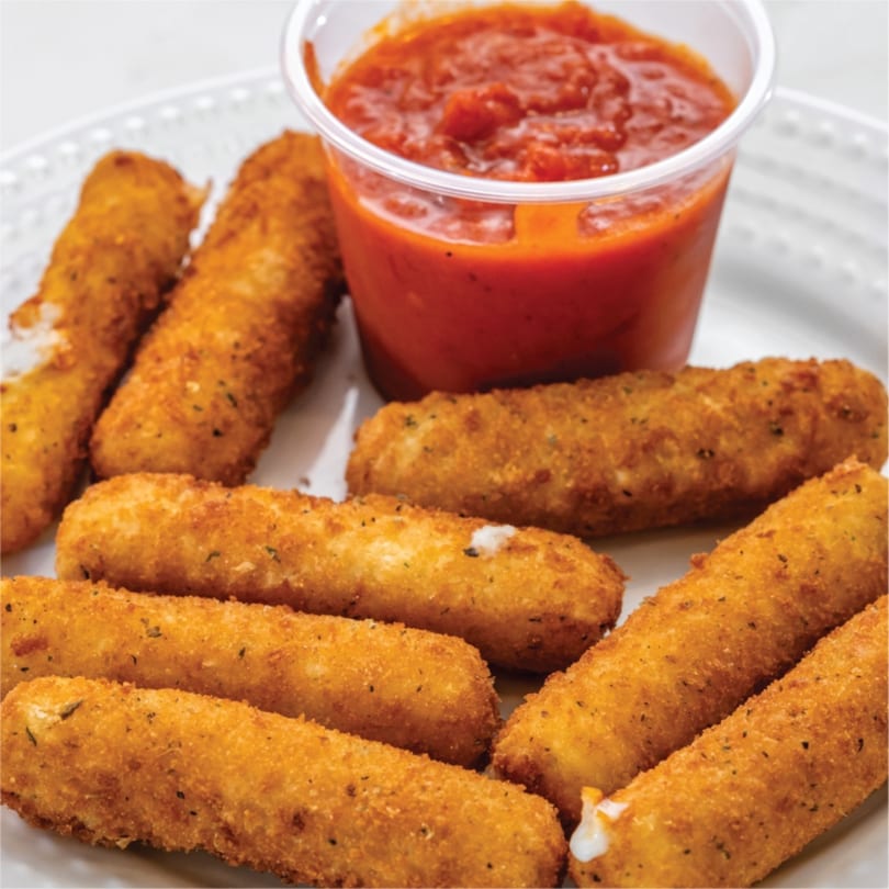 Golden-brown mozzarella sticks with a side of marinara sauce on a white plate.